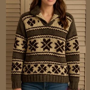 HANDKNIT Cowichan coastal wool pullover sweater shawl collar grey brown sz small